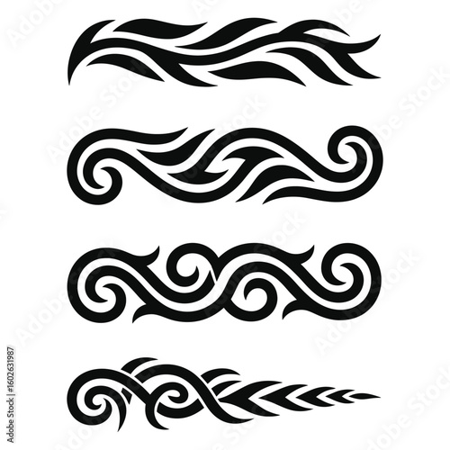 
Collection of four decorative ornamental swirls borders, flourishes and dividers ornate tribal elements in black on white background