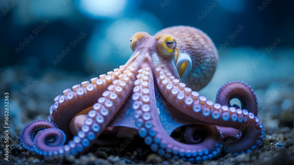 Fototapeta premium Close up of a pink octopus with blue suckers on the seabed marine life underwater