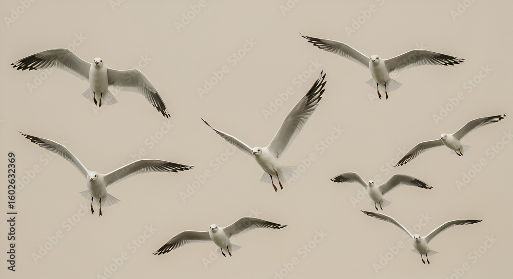 Fototapeta premium A graceful flock of seagulls soars across a serene sky, showcasing their freedom