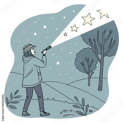Illustration of a woman with a hat and jacket shining a flashlight at stars in a night landscape scene