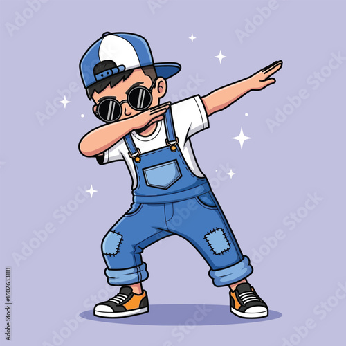 Cool cartoon boy in overalls and cap performing the dab dance.