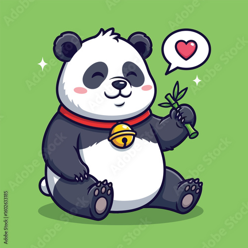 A cute cartoon panda with a red collar sits happily while holding a bamboo stalk, expressing love with a heart bubble.