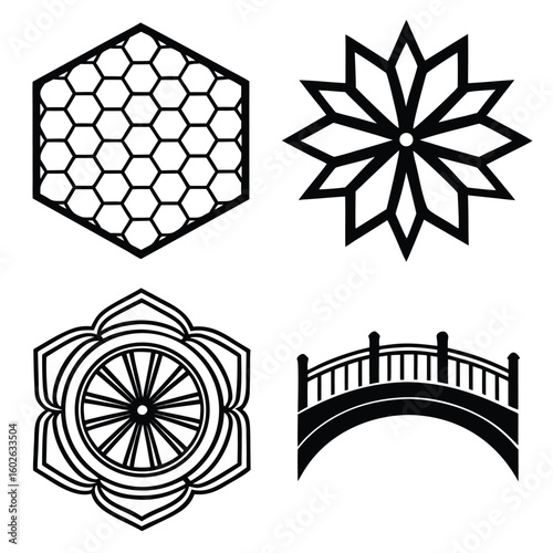 Geometric patterns and bridge silhouette abstract black and white