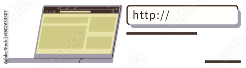 Open laptop displaying a browser with a webpage layout and detached URL address bar elements. Ideal for web design, internet, browsing, technology, user interface, communication, simple flat metaphor