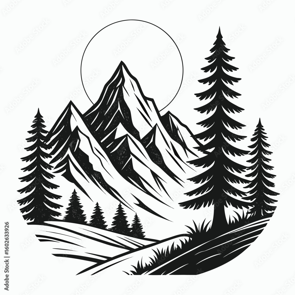 Obraz premium Black and White Hand Drawn Mountain Landscape with Pine Trees