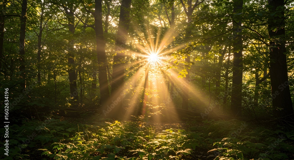 Obraz premium Golden sunlight through forest