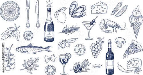 Hand drawn italian food set. Mediterranean lunch and dinner doodle icons. 