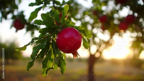 Red pomegranate hanging on a tree at sunset
