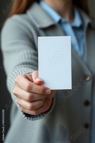 Professional Businesswoman Holding Up a Blank White Vertical Card or Business Card with Copy Space, Ready for Your Message