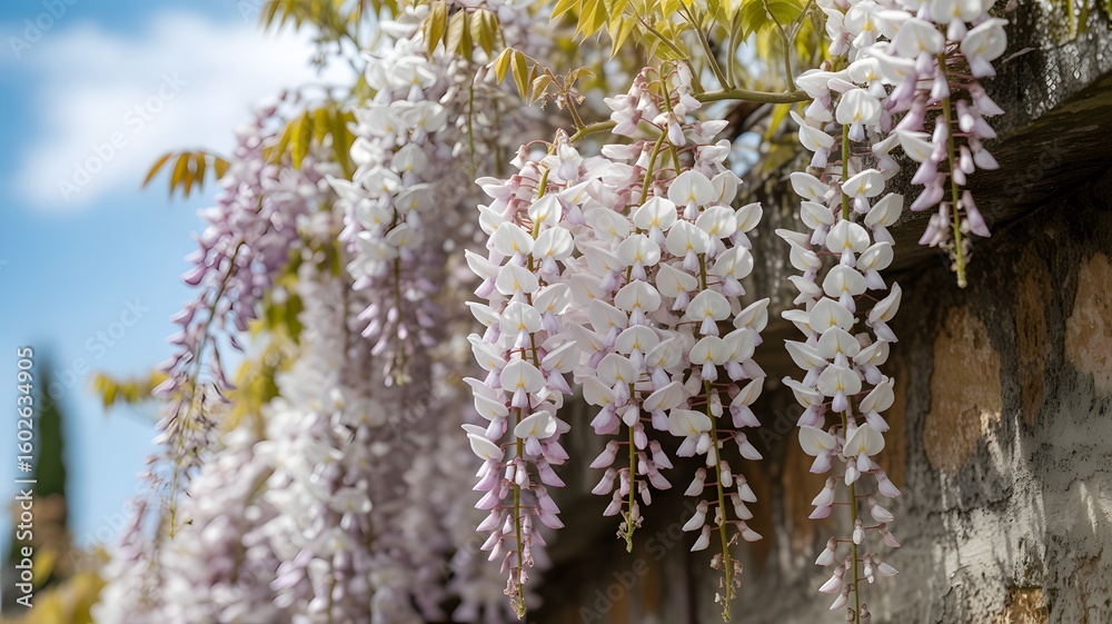 Naklejka premium Delicate white and pale purple wisteria flowers cascading down a stone wall vine hanging