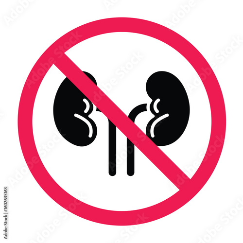 Kidneys organ prohibition symbol, urinary system flat style forbidden vector clip art