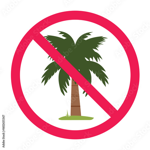 Palm tree prohibition symbol, tropical coconut tree forbidden sign flat vector
