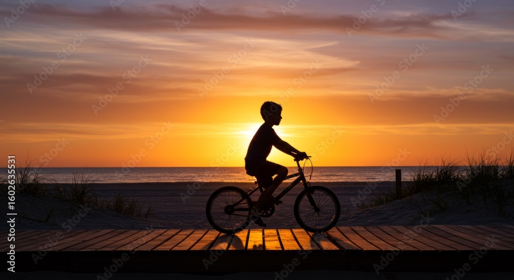 Fototapeta premium Child on Bike at Beach Boardwalk Sunset