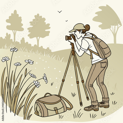 Woman photographing flowers with a camera on a tripod in a field with trees and a bag nearby outdoors