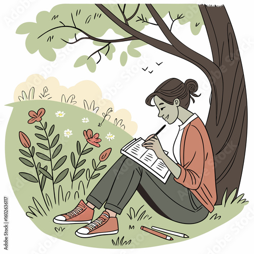 A woman sitting under a tree drawing in a sketchbook with flowers and grass surrounding her in nature