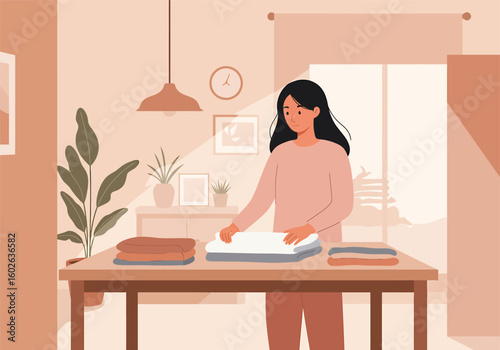 Young woman neatly folding laundry on a table in a cozy home interior.
