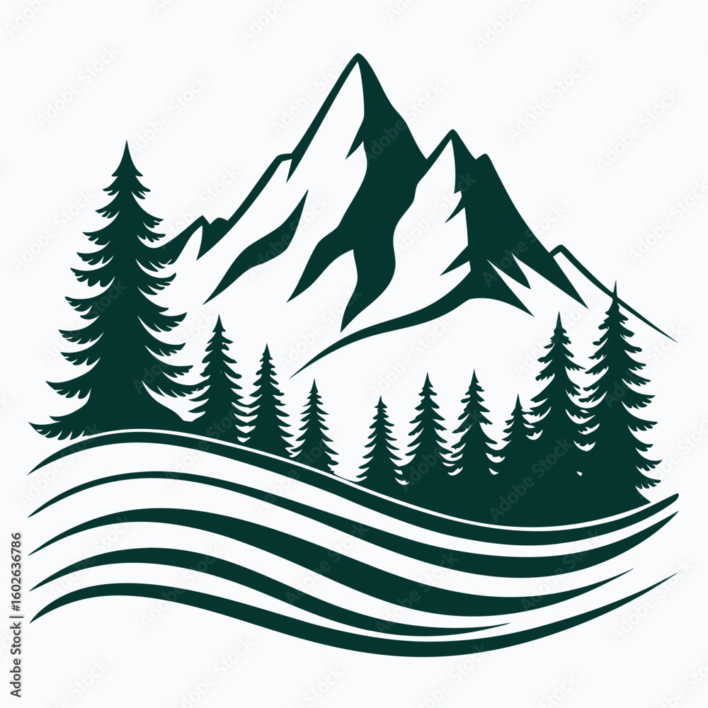 Obraz premium Dark Green Jagged Mountain Logo with Pine Trees mountain range