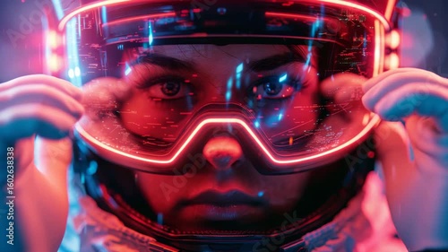 Innovative space exploration with astronaut in neon-lit helmet reflecting futuristic cityscape