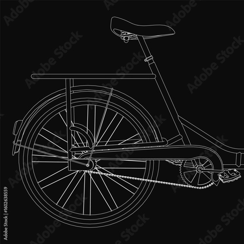 Black and white vector bicycle illustration with clean contour lines. The frame, handlebars, pedals, and seat are sharply defined against a solid black background.