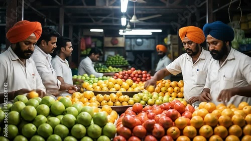 Indian Fruit Market Scene With Men in Turbans Arranging and Inspecting a Colorful Display of Fresh Produce
