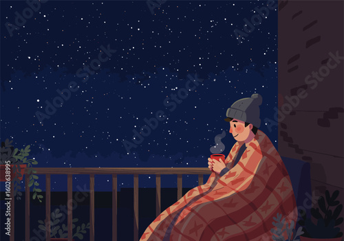 A person bundled in a plaid blanket and a hat, enjoying a warm drink on a balcony under a starry night sky.