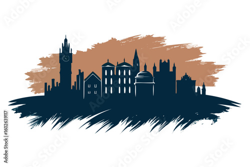 Capture the iconic charm of historical architecture with this striking dark blue skyline silhouette, evoking a sense of urban sophistication and timeless elegance for your next project.