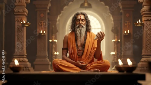 Meditating Monk in Orange Robes with Candles and Architectural Details