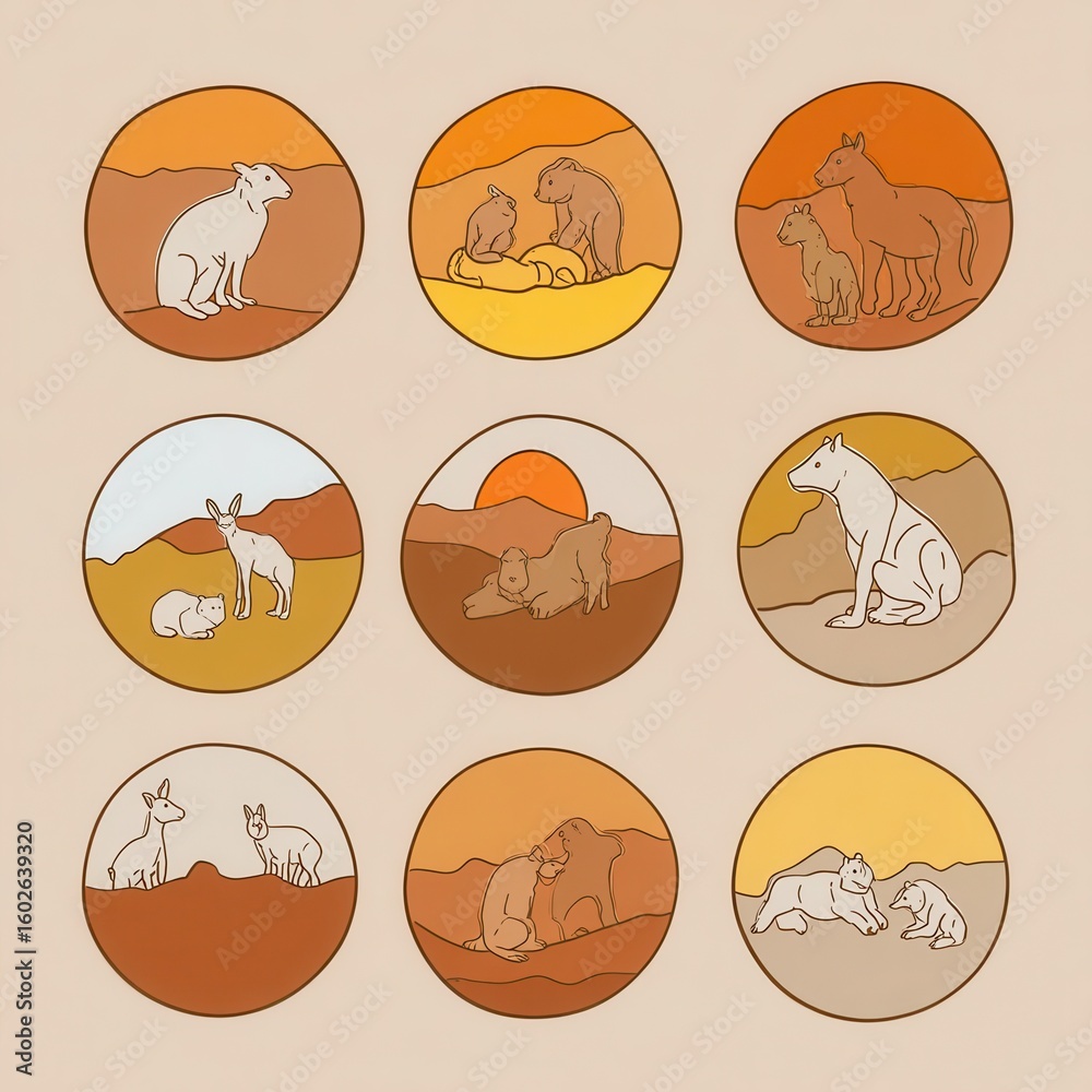 Fototapeta premium Illustrated desert animal families in a muted color palette.