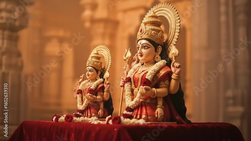 Ornate Golden Statues of Hindu Goddesses with Red and White Floral Decorations