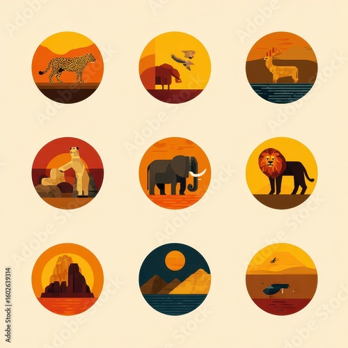 Colorful circular illustrations of african animals and landscapes.