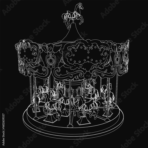 A black and white contour drawing of a vintage carousel features detailed horses with flowing manes. The intricate design stands out against a dark background, creating a striking contrast.