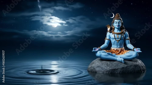 Serene Blue Shiva Figure Meditating on Stone in Tranquil Water Under Moonlit Night Sky