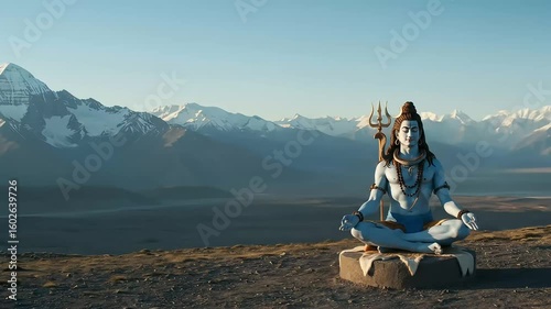 Statue of Deity in Meditative Pose Against Snowy Mountain Landscape at Sunset