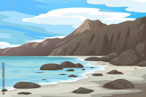 Cartoon illustration of a rocky beach with mountains blue sky and white clouds background