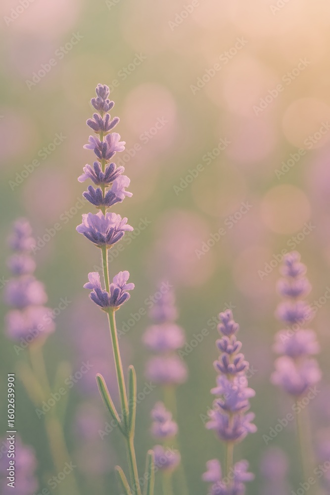 Obraz premium Serene Lavender Field at Sunset: Soft Focus, Pastel Tones, Tranquil Mood