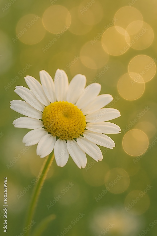 Fototapeta premium Serene Single Daisy Flower in Soft Golden Sunlight, Bokeh Background, Springtime Bloom