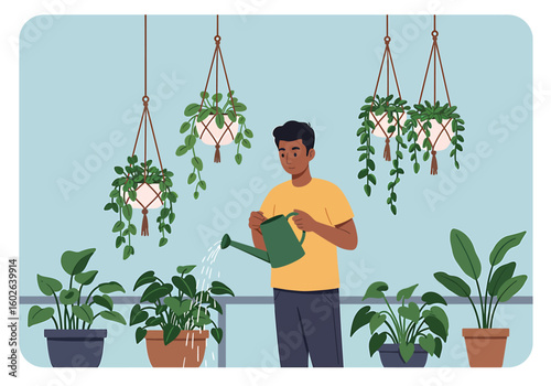 A man waters potted plants in a bright room with hanging planters, nurturing greenery in a serene indoor environment.