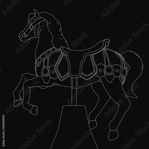 A black and white line art horse on a carousel stands out against a dark background. Its flowing mane and tail suggest motion, while wide eyes and an open mouth give it a lively expression.