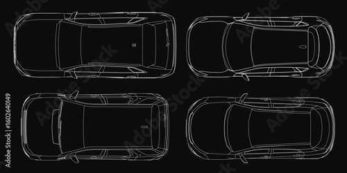 A top-view car blueprint on a black background features detailed contours and precise technical outlines. The minimalist design highlights the vehicle's structure with clean lines and accurate.