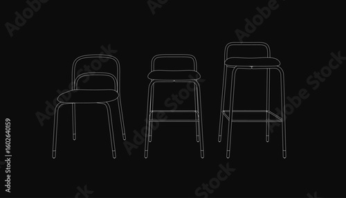 Three minimalist stools in a triangular arrangement feature varied line weights for visual interest. The tallest stool stands centrally, flanked by two smaller ones on a black background.