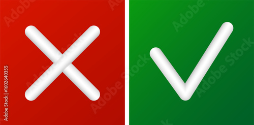 3d check and cross icons. Red and green icons. Vector clipart
