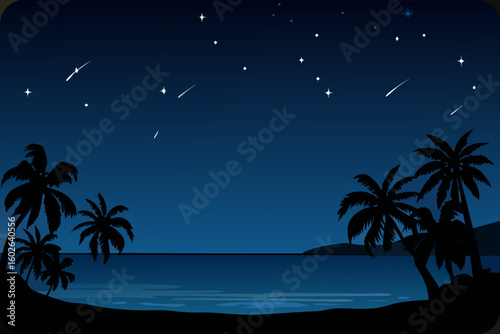 Tropical Beach Night Scene with Palm Trees Stars and Shooting Stars Illustration
