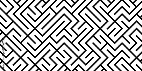 Intricate black maze pattern background with geometric lines abstract labyrinth vector design. perfect for puzzle designs, brain games, tech illustrations, and modern abstract graphics.