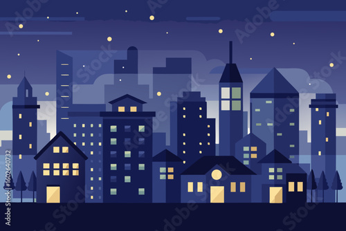 Serene nighttime cityscape unfolds with glowing windows and a starry sky, creating a peaceful urban atmosphere perfect for modern design projects and conveying tranquility.