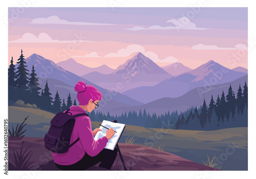 A woman with pink hair sits sketching in a mountainous landscape at dawn.