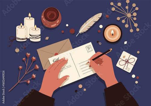 Hands writing a postcard surrounded by decorative items, a flat lay view.