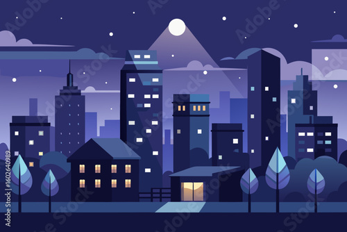 Stunning modern cityscape at night under a full moon, showcasing illuminated skyscrapers and quiet residential buildings, perfect for urban storytelling and design projects.