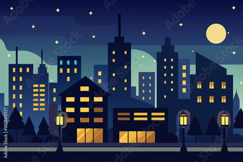 Captivating cityscape at night with glowing windows, streetlights, and a large full moon, evoking urban charm and tranquility for diverse design projects.