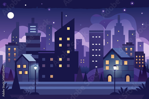 Captivating urban skyline at night with glowing windows and a bright moon creating a serene, modern cityscape perfect for illustrating city life and tranquility.