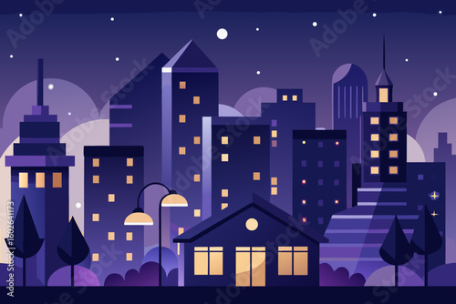 Captivating modern cityscape illustration at night with glowing windows and streetlights creating a serene urban atmosphere, perfect for design projects.